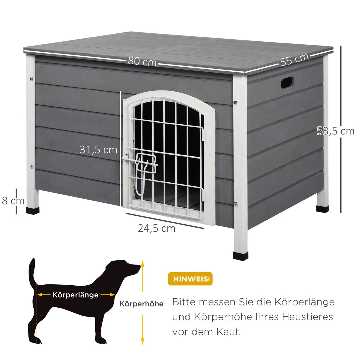 Dog house, waterproof dog house with door, mesh box for outdoor use, fir, grey, 80x55x53.5 cm