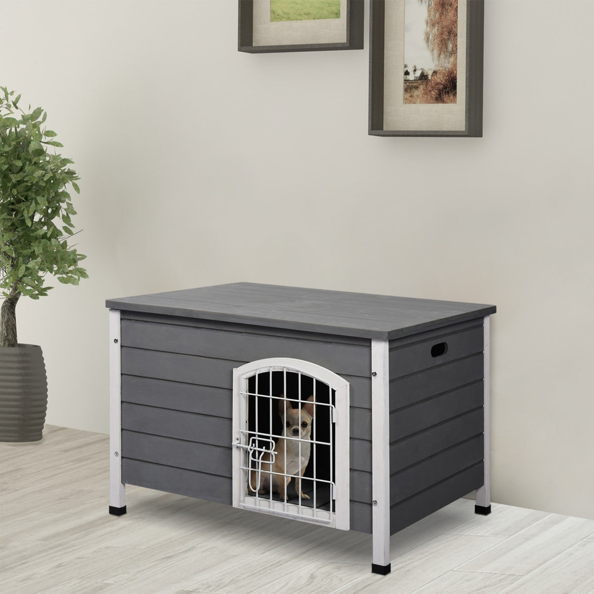Dog house, waterproof dog house with door, mesh box for outdoor use, fir, grey, 80x55x53.5 cm