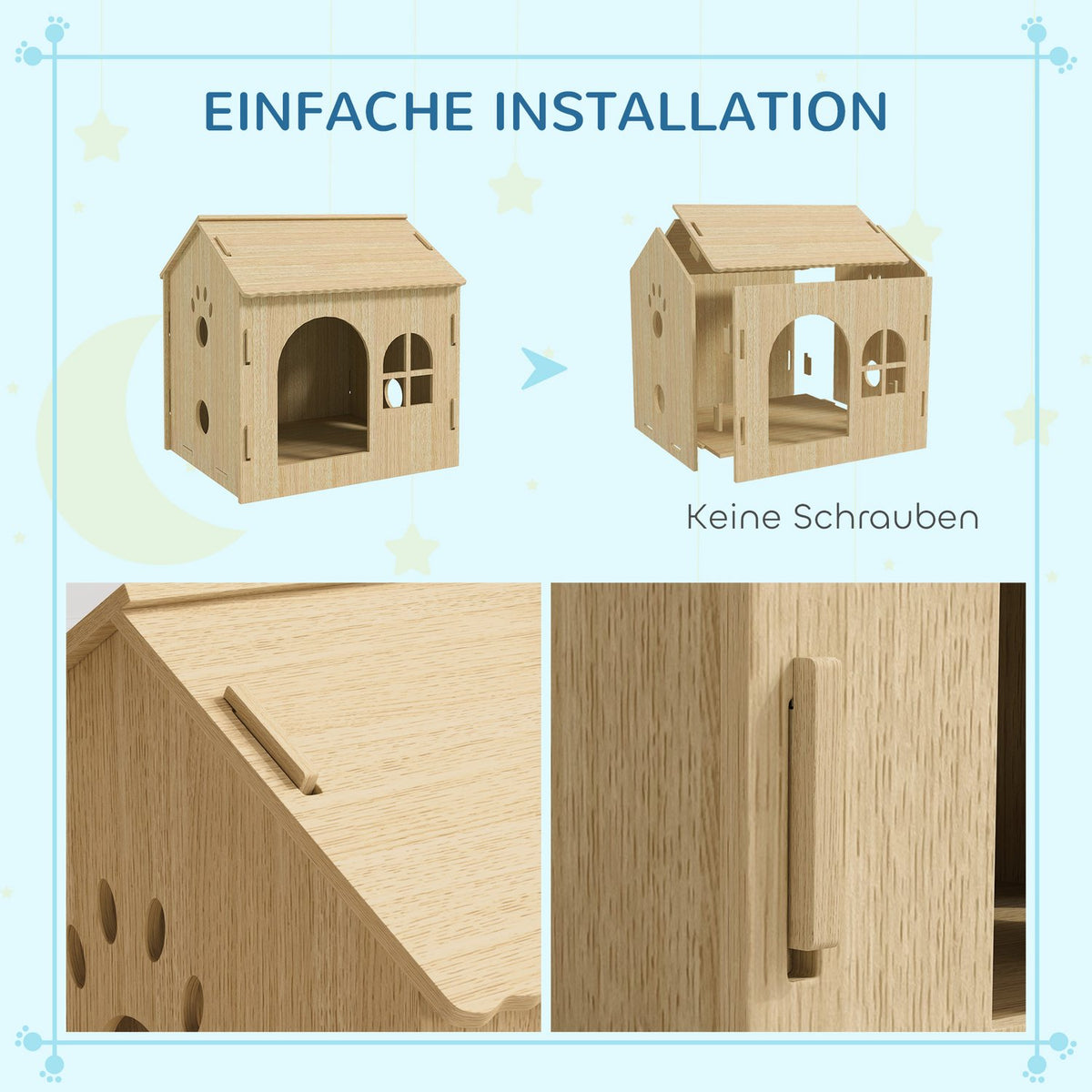 Dog house with window, cat house with cute paw design, assembly without screws, for small dogs under 4 kg, indoor, 49.5 x 41 x 51 cm, oak