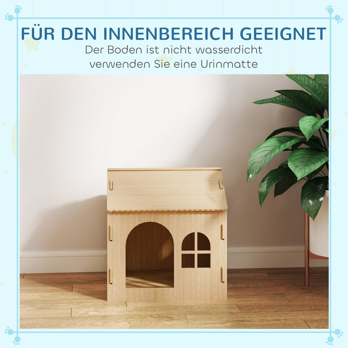 Dog house with window, cat house with cute paw design, assembly without screws, for small dogs under 4 kg, indoor, 49.5 x 41 x 51 cm, oak