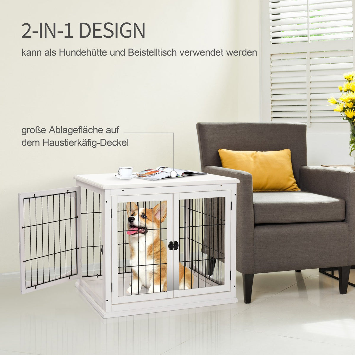 Dog kennel dog house transport box small animal cage for indoor use dog box animal cage pet MDF metal white 81 x 58.5 x 66 cm