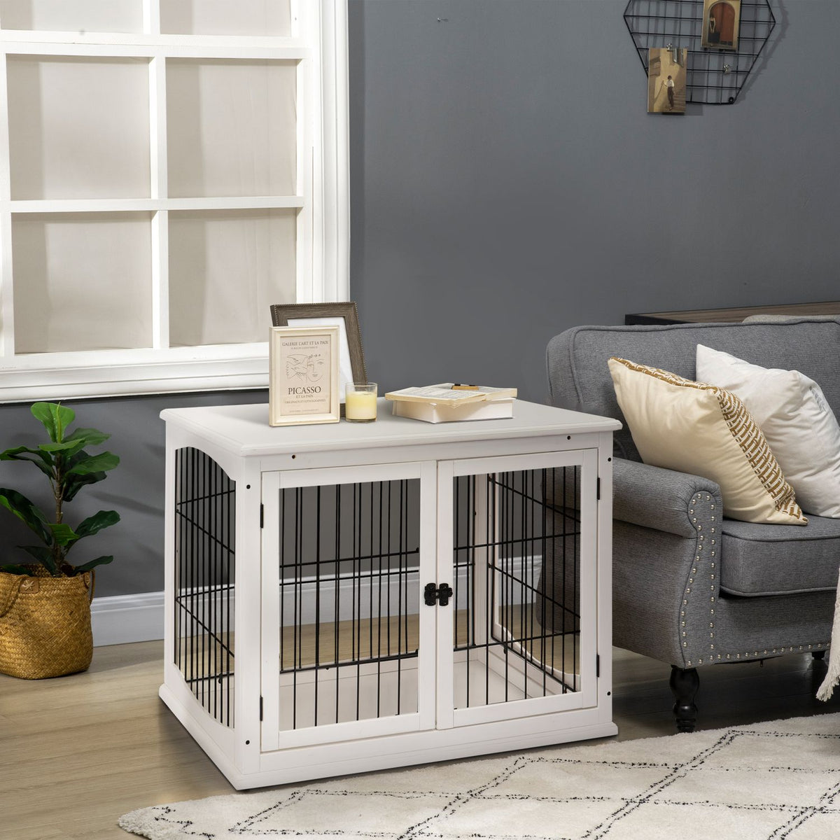 Dog kennel dog house transport box small animal cage for indoor use dog box animal cage pet MDF metal white 81 x 58.5 x 66 cm