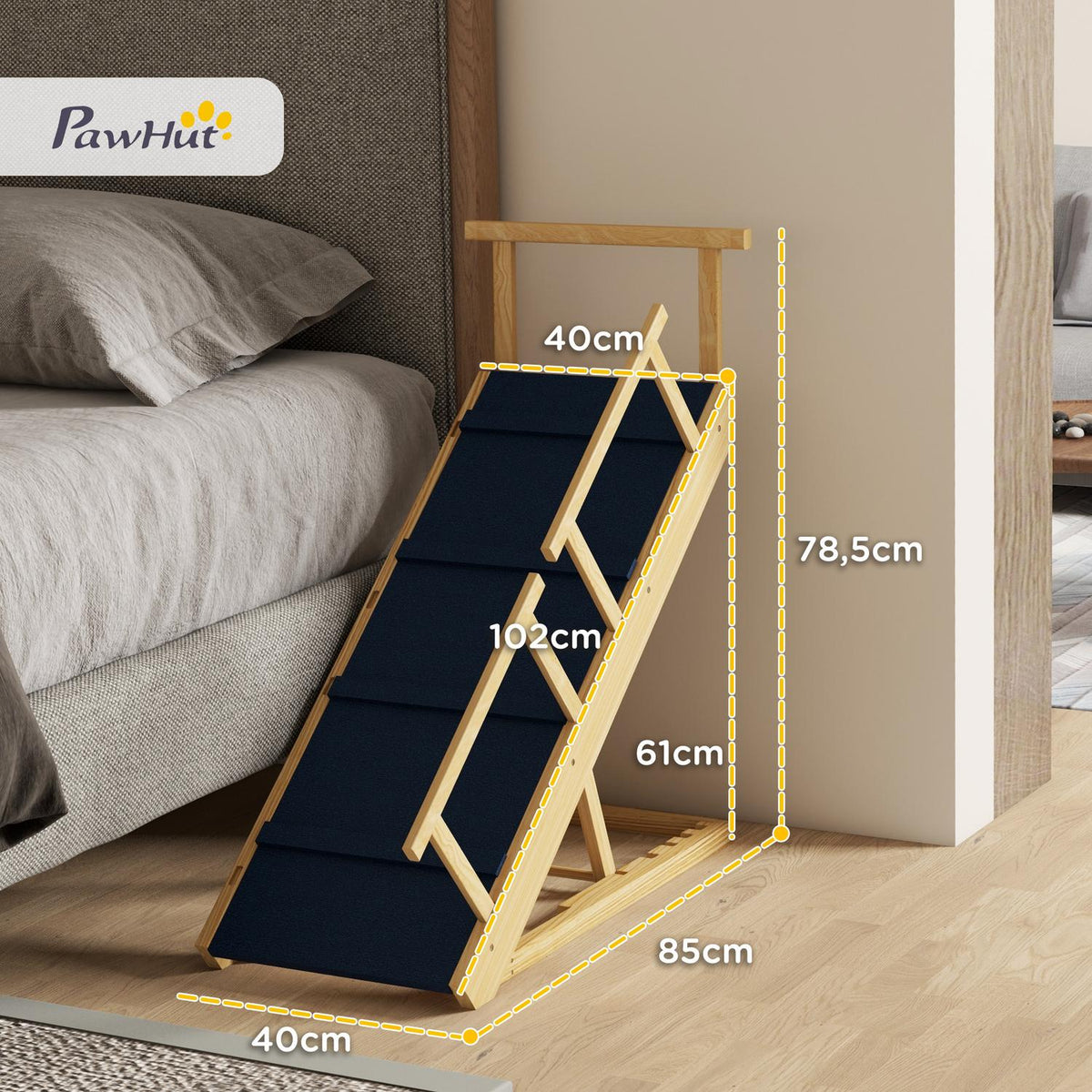 Dog ramp, foldable pet ramp with removable railings, non-slip dog entry aid, up to 40 kg, 85 x 40 x 78.5 cm, natural