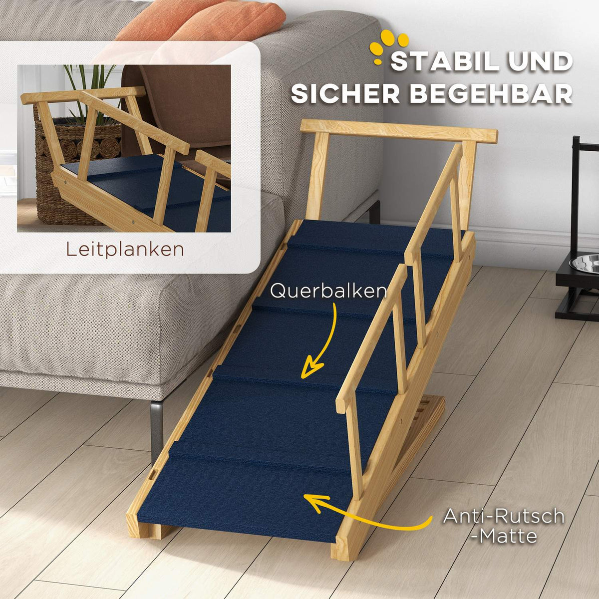 Dog ramp, foldable pet ramp with removable railings, non-slip dog entry aid, up to 40 kg, 85 x 40 x 78.5 cm, natural