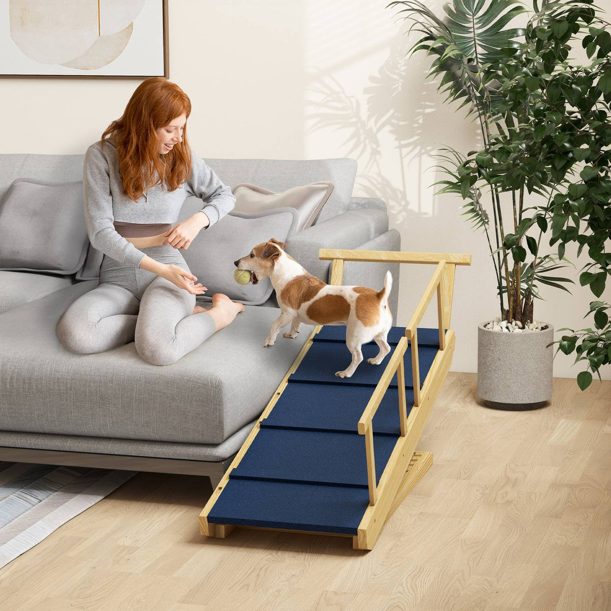Dog ramp, foldable pet ramp with removable railings, non-slip dog entry aid, up to 40 kg, 85 x 40 x 78.5 cm, natural