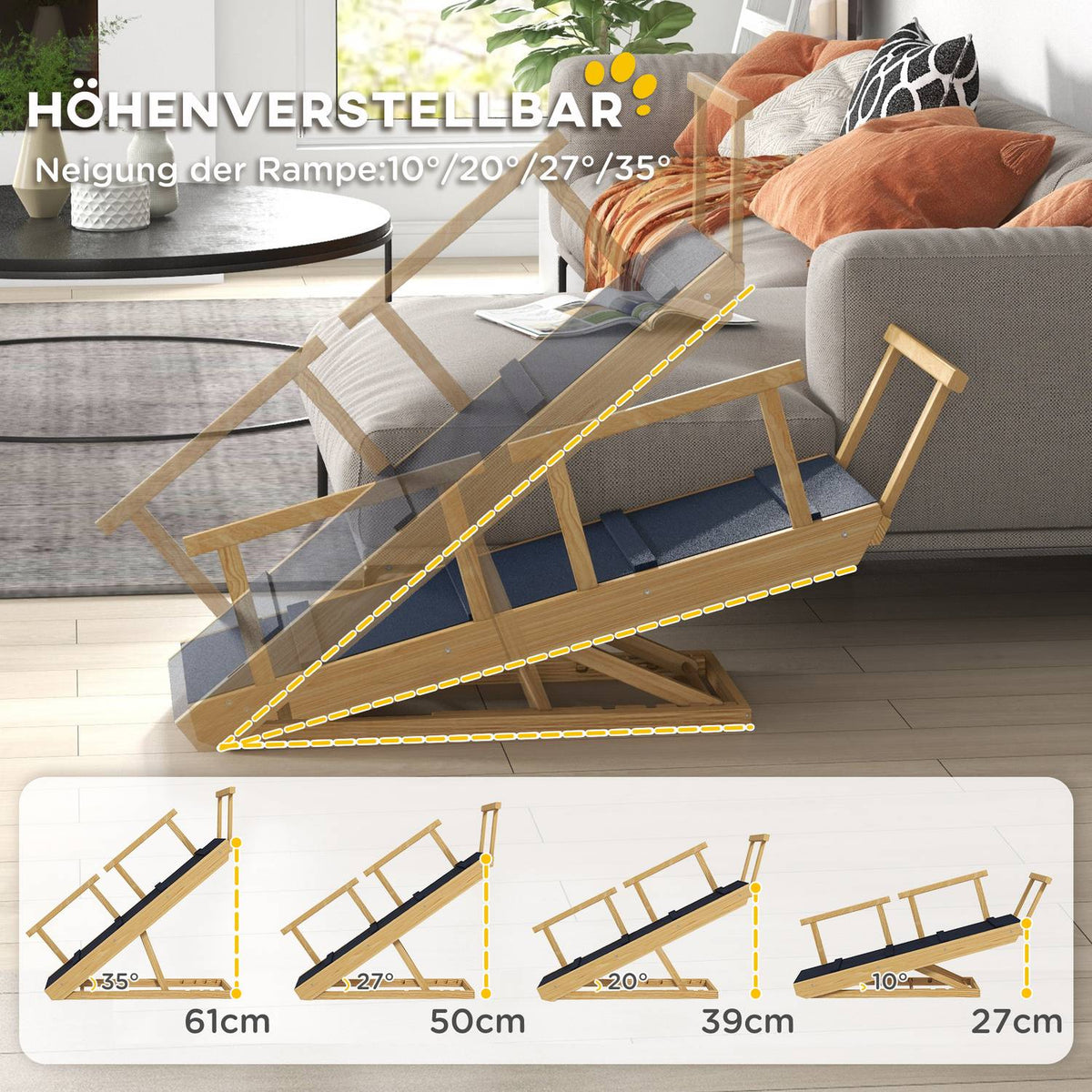 Dog ramp, foldable pet ramp with removable railings, non-slip dog entry aid, up to 40 kg, 85 x 40 x 78.5 cm, natural
