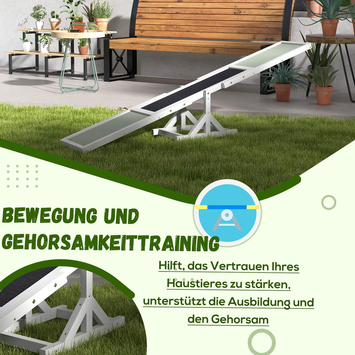 Dog seesaw, dog agility seesaw made of wood, non-slip dog agility ramp for dogs under 30 kg, for balance, 180 x 30 x 30 cm white