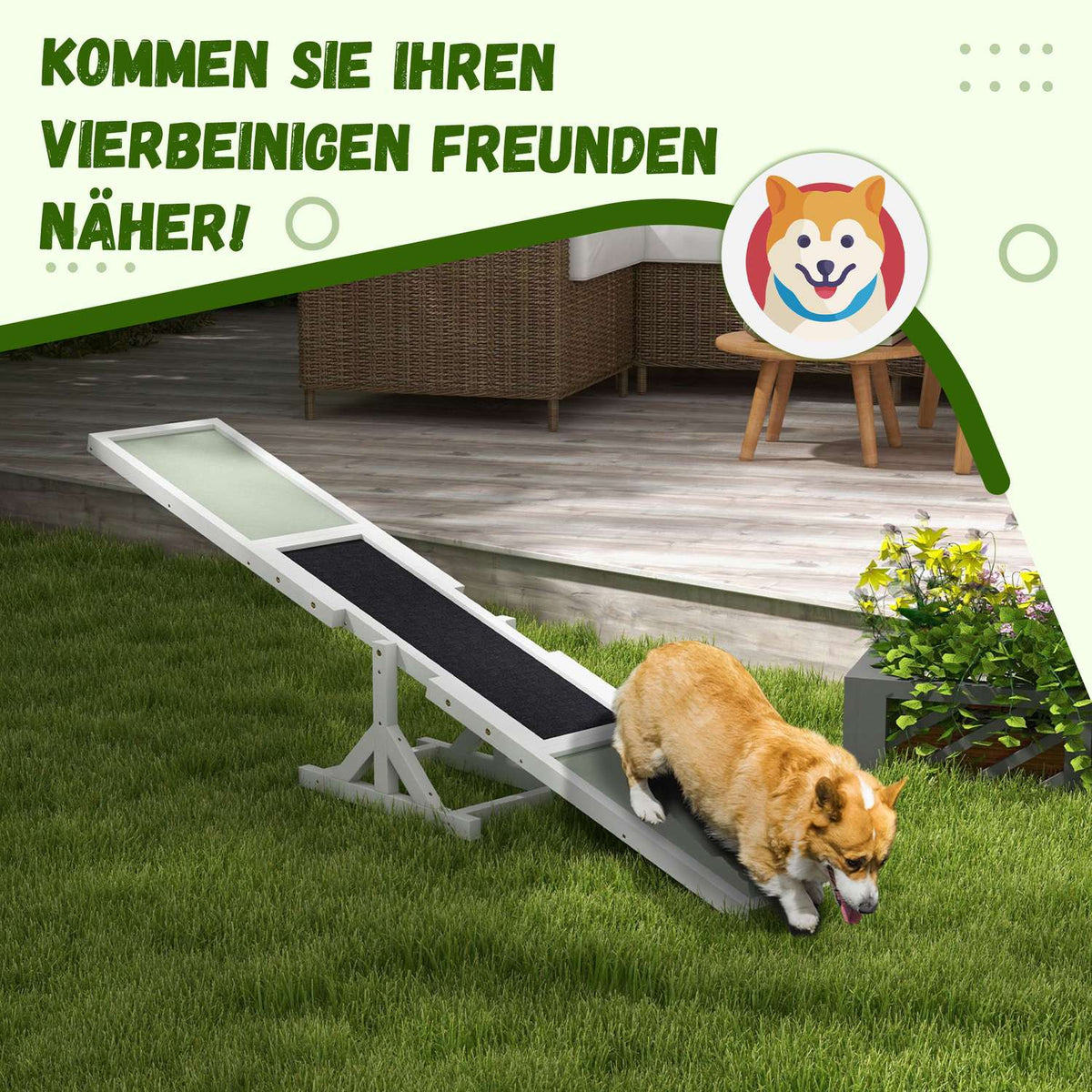 Dog seesaw, dog agility seesaw made of wood, non-slip dog agility ramp for dogs under 30 kg, for balance, 180 x 30 x 30 cm white