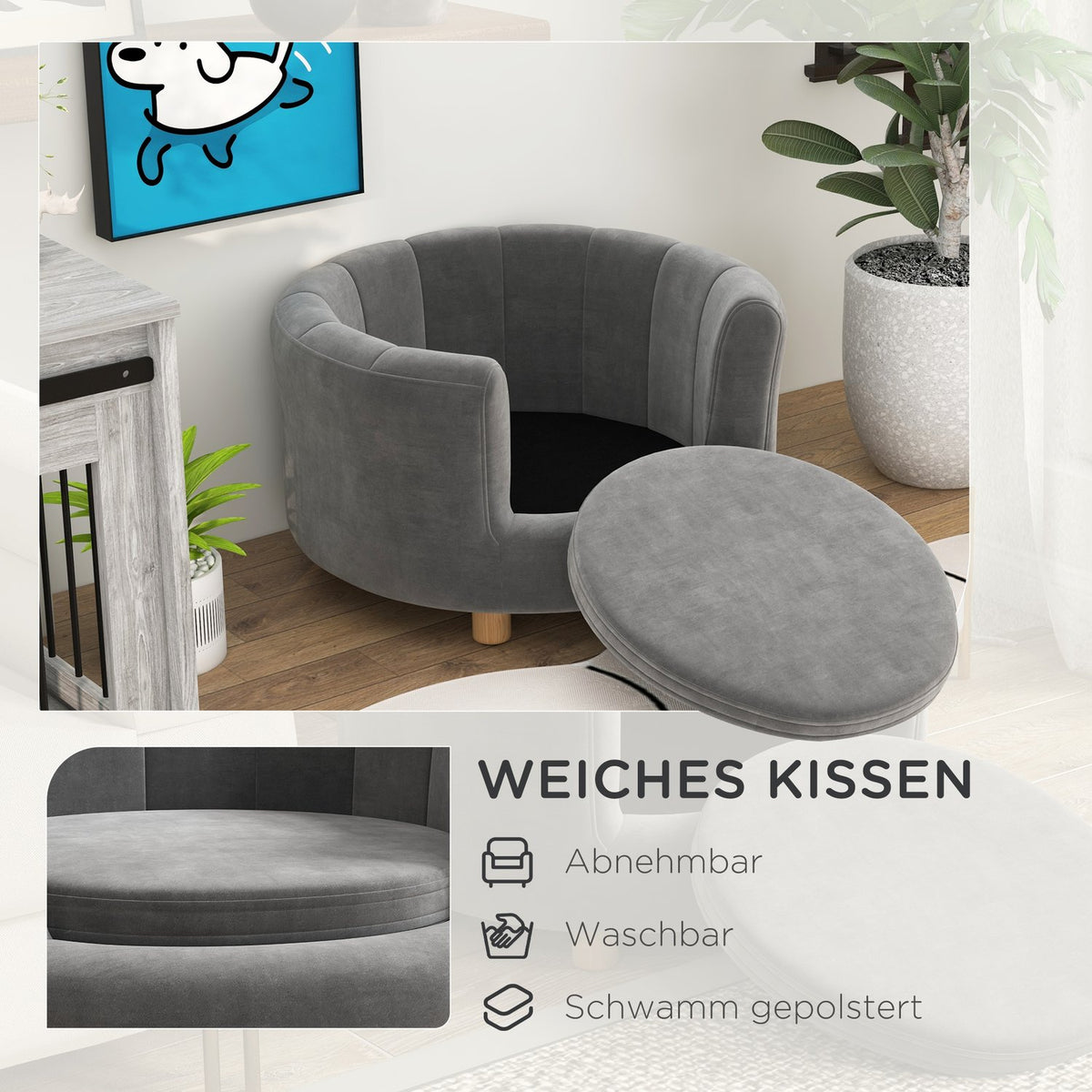Dog sofa Washable pet sofa with backrest and wooden legs for small dogs up to 45 kg in gray