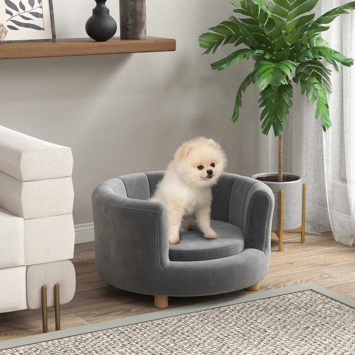 Dog sofa Washable pet sofa with backrest and wooden legs for small dogs up to 45 kg in gray