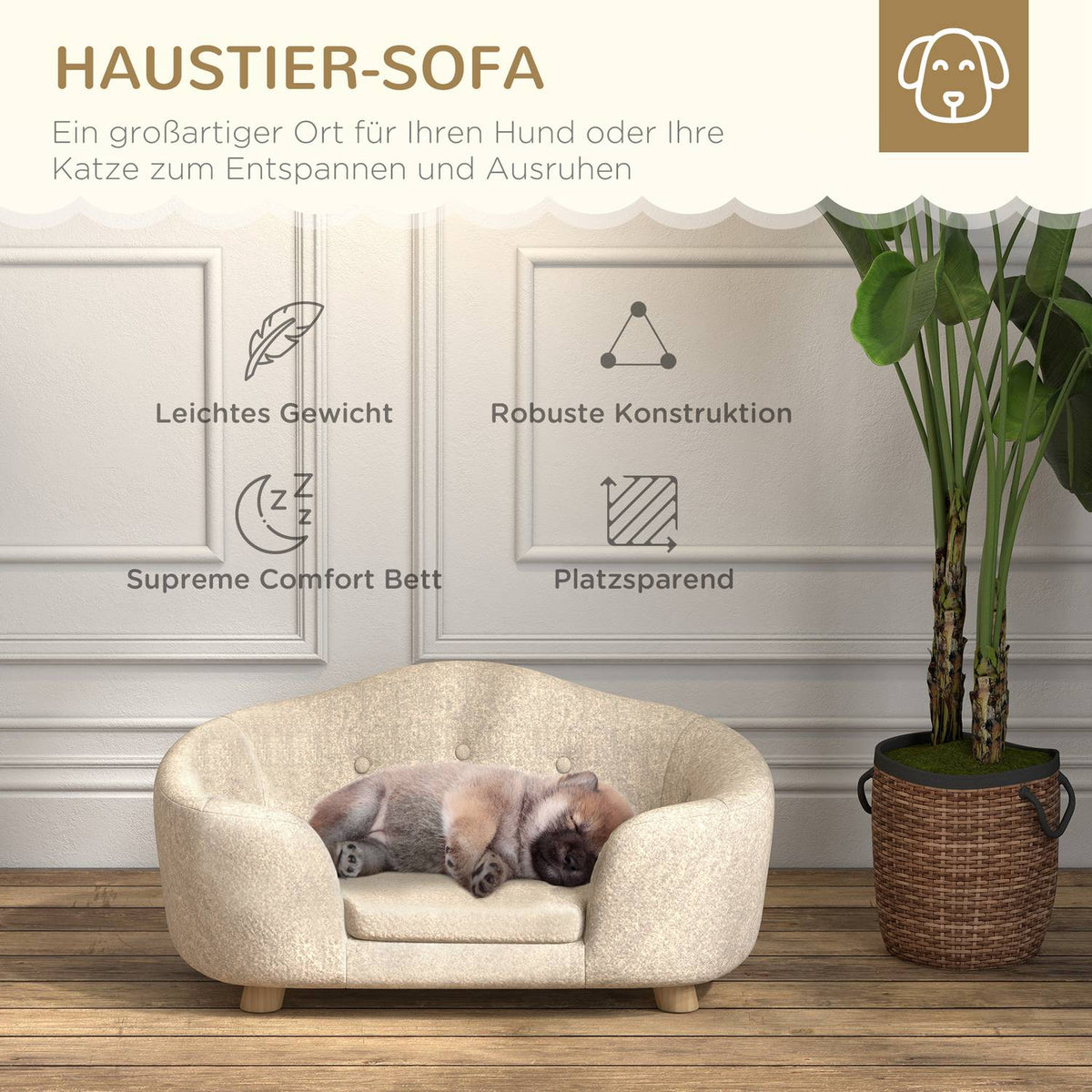 Dog sofa back pocket plush cover with cushion, cat bed, suitable for small dogs, pine, 70 x 47 x 30 cm, cream white