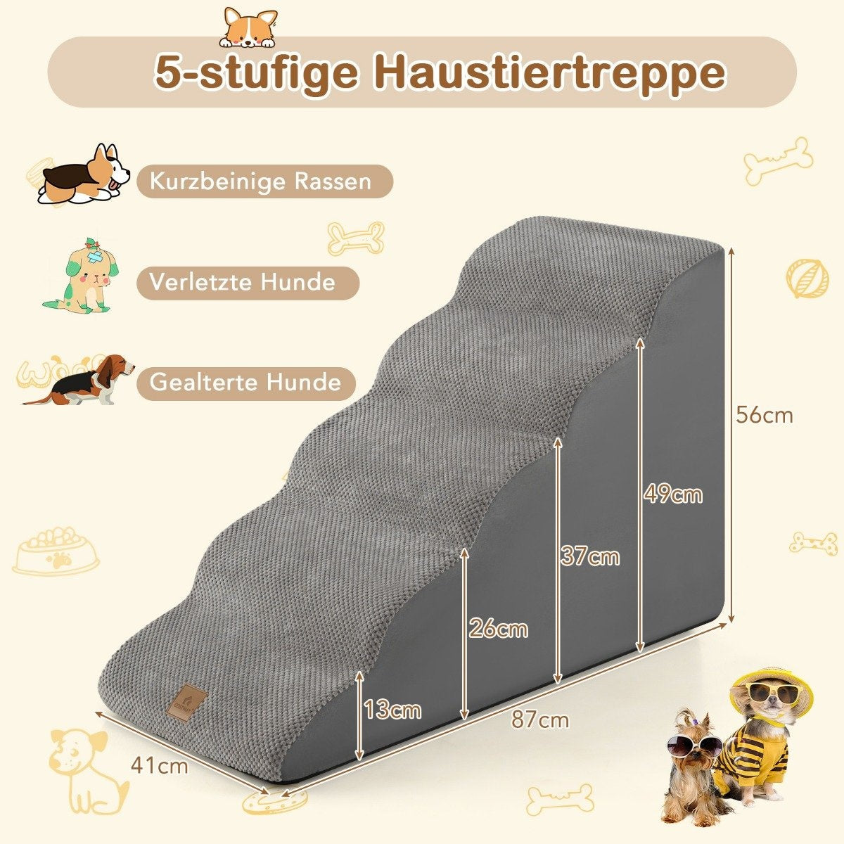 Dog stairs 5 steps non-slip dog steps made of gray foam