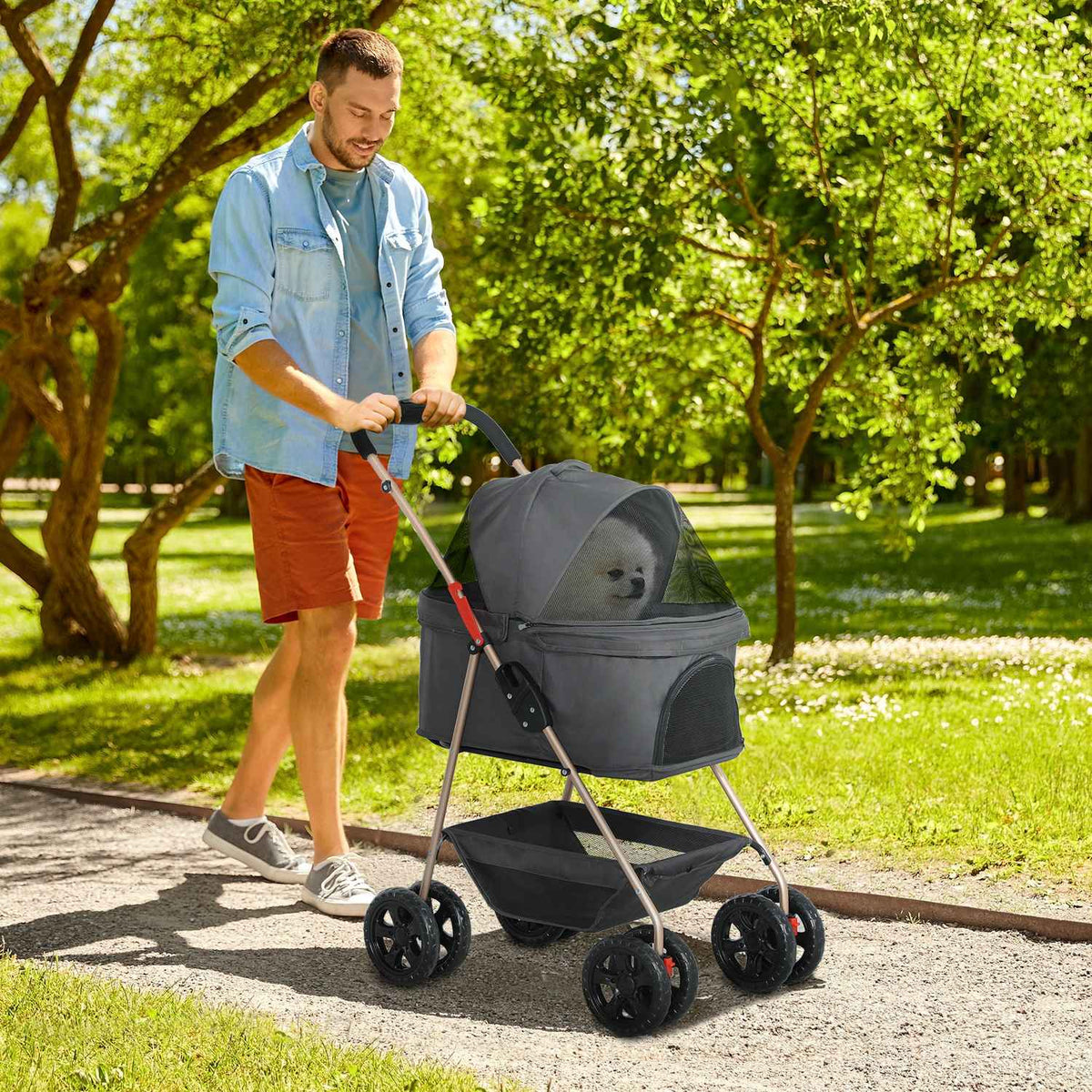 Dog stroller 3 in 1 dog buggy foldable dog box, foldable transport bag with drink holder, dog buggy, cat stroller with 360° wheels cat buggy for mini dogs under 4 kg, gray