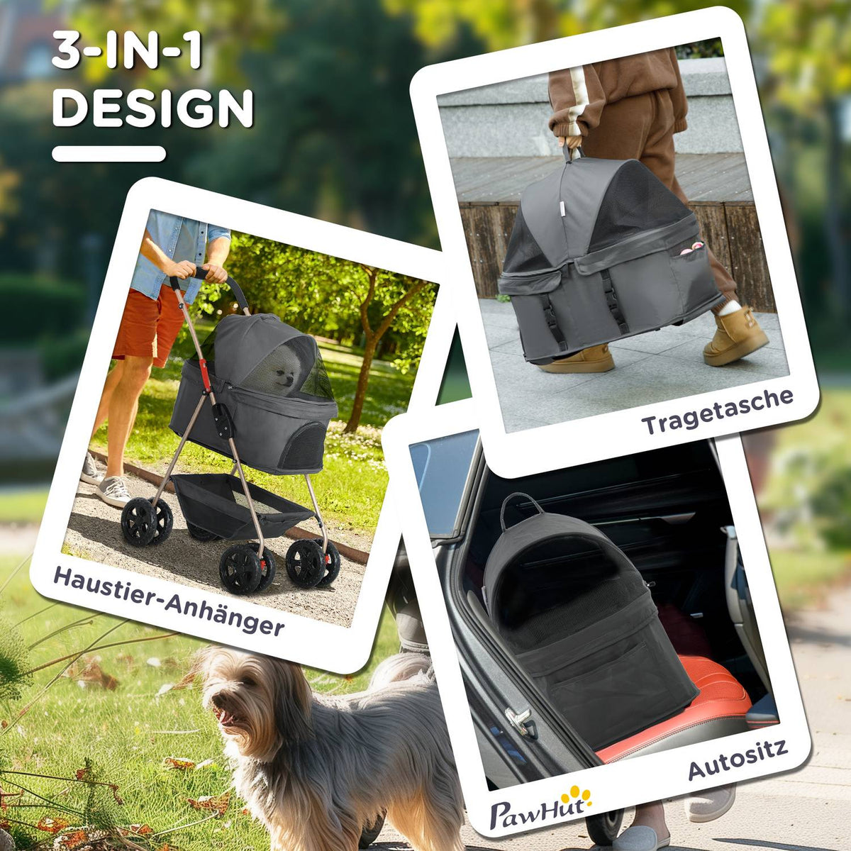 Dog stroller 3 in 1 dog buggy foldable dog box, foldable transport bag with drink holder, dog buggy, cat stroller with 360° wheels cat buggy for mini dogs under 4 kg, gray