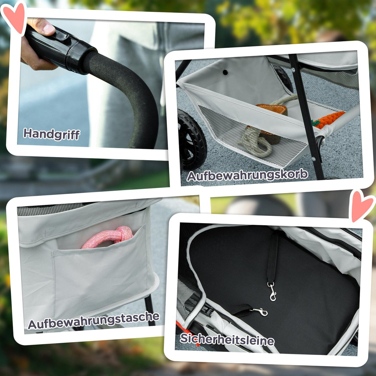 Dog stroller 3 in 1 dog buggy foldable dog box, foldable transport bag with drink holder, dog buggy, cat stroller with 360° wheels cat buggy for mini dogs under 4 kg, light gray