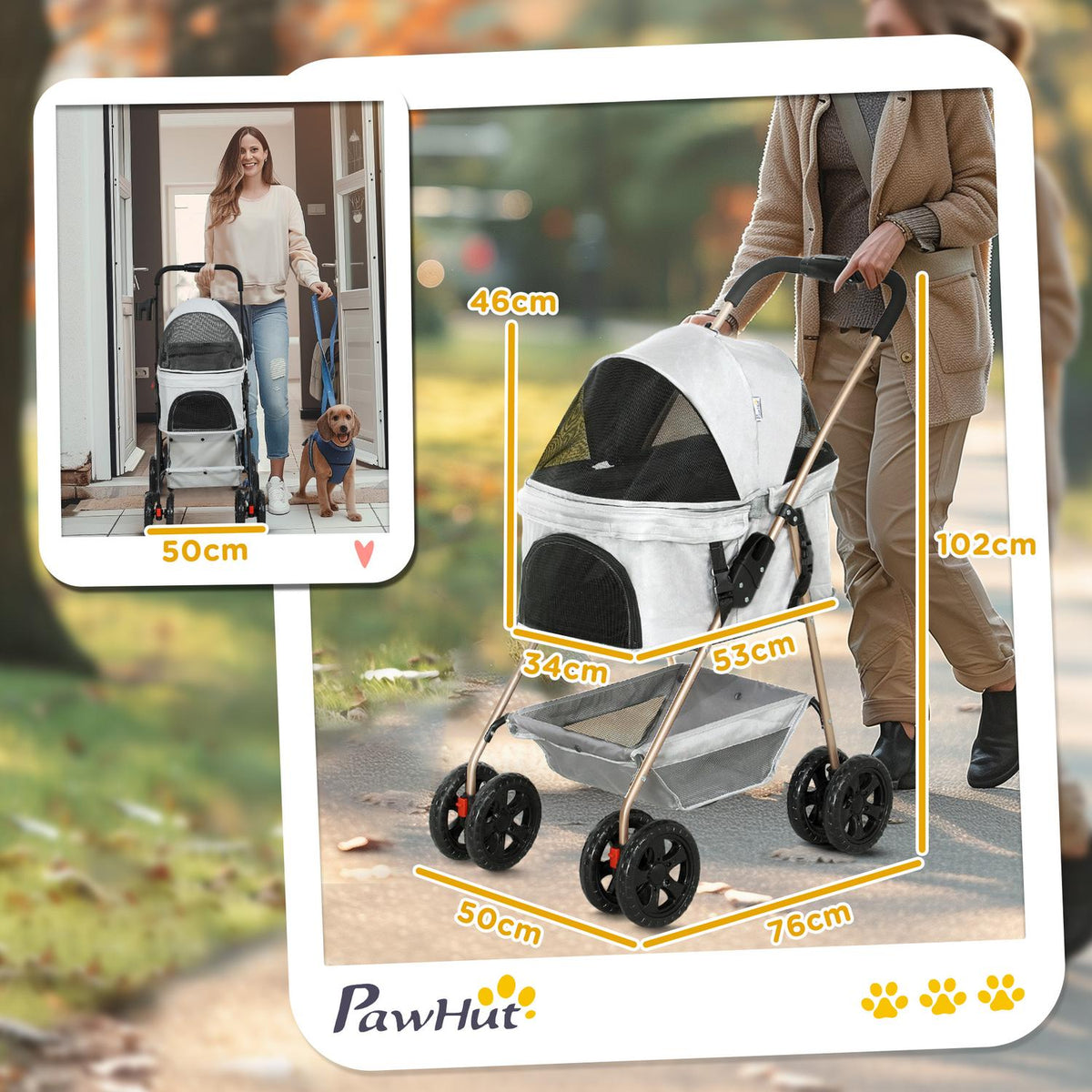Dog stroller 3 in 1 dog buggy foldable dog box, foldable transport bag with drink holder, dog buggy, cat stroller with 360° wheels cat buggy for mini dogs under 4 kg, light gray
