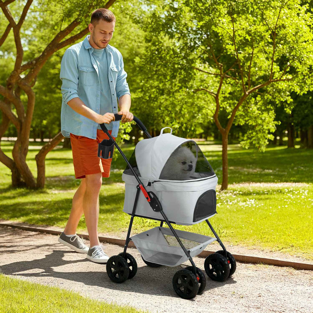 Dog stroller 3 in 1 dog buggy foldable dog box, foldable transport bag with drink holder, dog buggy, cat stroller with 360° wheels cat buggy for mini dogs under 4 kg, light gray