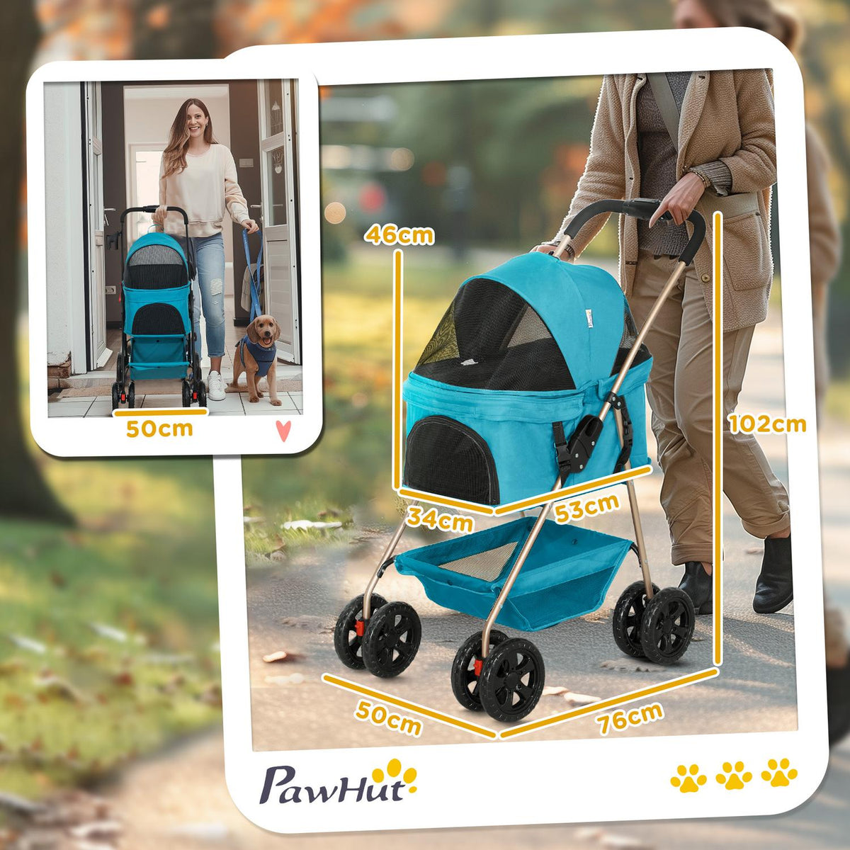 Dog stroller 3 in 1 dog buggy foldable dog box, foldable transport bag with drink holder, dog buggy, cat stroller with 360° wheels cat buggy for mini dogs under 4 kg, turquoise
