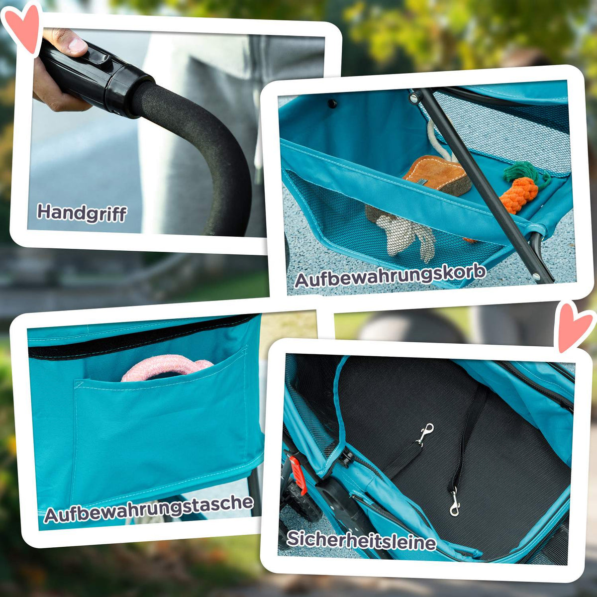 Dog stroller 3 in 1 dog buggy foldable dog box, foldable transport bag with drink holder, dog buggy, cat stroller with 360° wheels cat buggy for mini dogs under 4 kg, turquoise