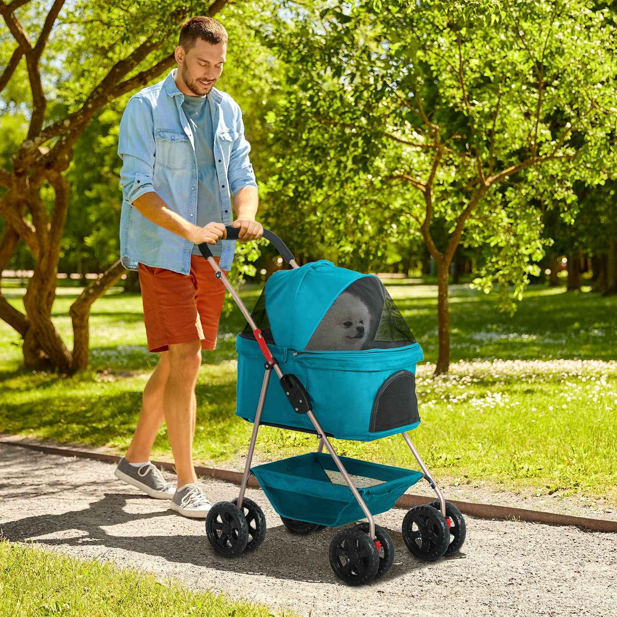 Dog stroller 3 in 1 dog buggy foldable dog box, foldable transport bag with drink holder, dog buggy, cat stroller with 360° wheels cat buggy for mini dogs under 4 kg, turquoise