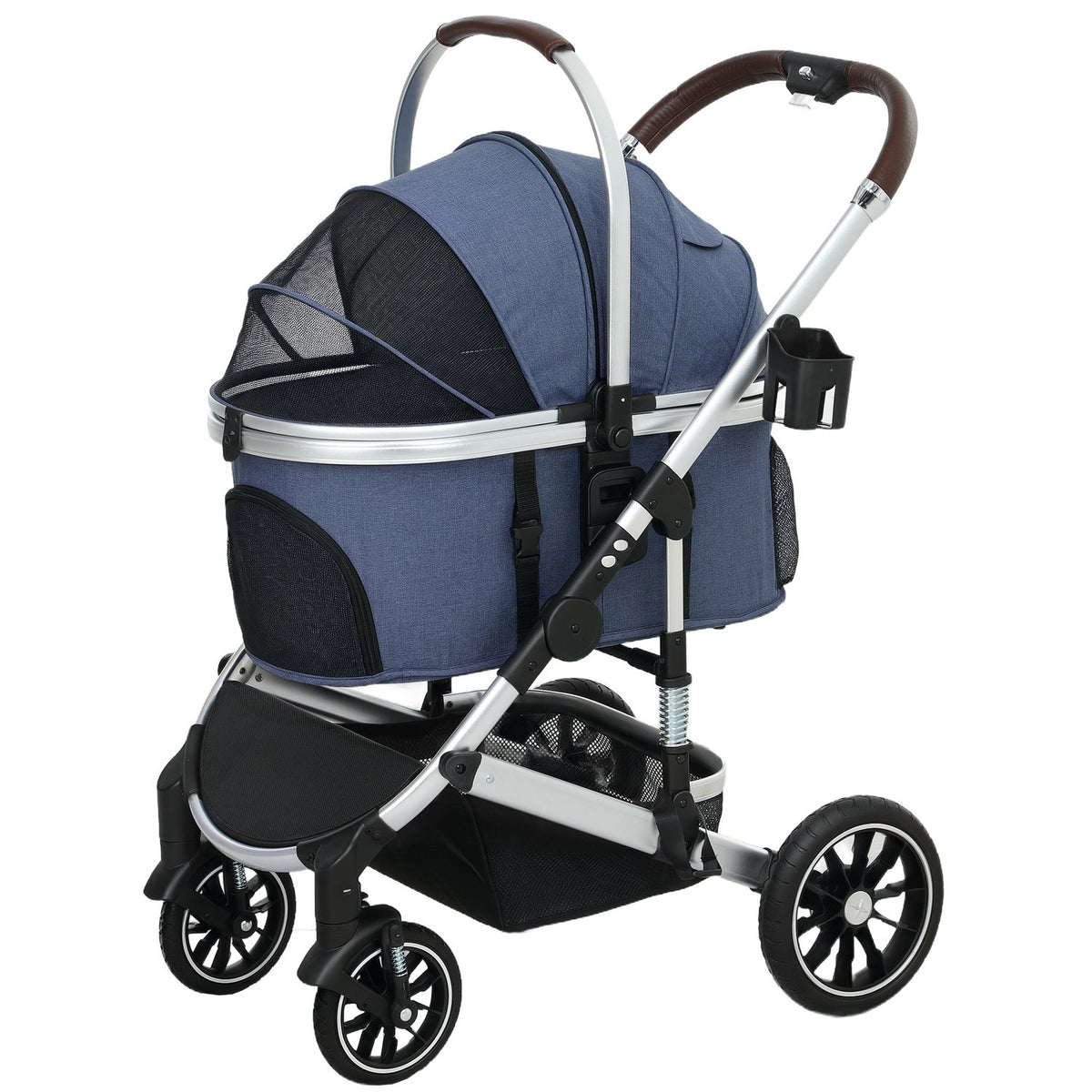 Dog stroller 3 in 1 dog buggy foldable for dogs & cats up to 10 kg cat buggy with cushion cup holder mesh windows doors storage basket cat stroller buggy dark blue