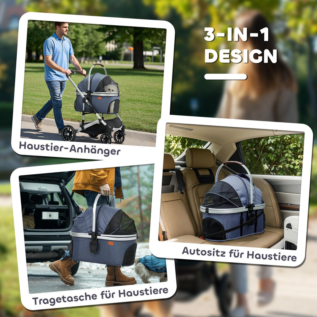 Dog stroller 3 in 1 dog buggy foldable for dogs & cats up to 10 kg cat buggy with cushion cup holder mesh windows doors storage basket cat stroller buggy dark blue