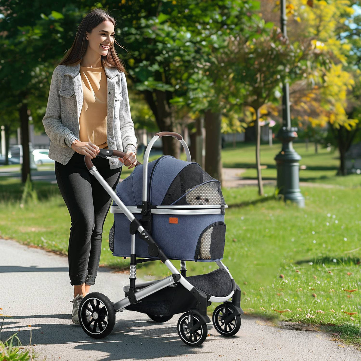 Dog stroller 3 in 1 dog buggy foldable for dogs & cats up to 10 kg cat buggy with cushion cup holder mesh windows doors storage basket cat stroller buggy dark blue