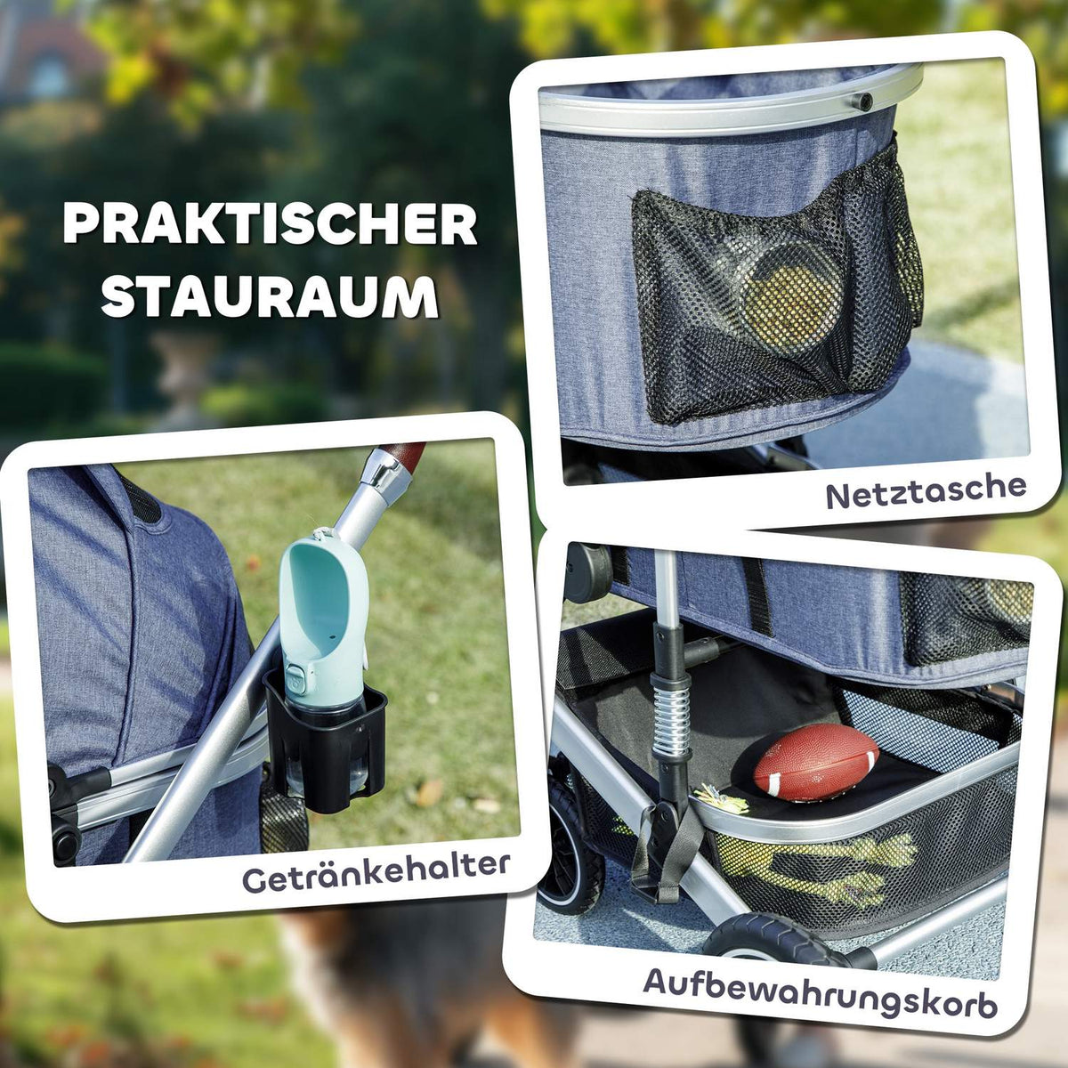 Dog stroller 3 in 1 dog buggy foldable for dogs & cats up to 10 kg cat buggy with cushion cup holder mesh windows doors storage basket cat stroller buggy dark blue