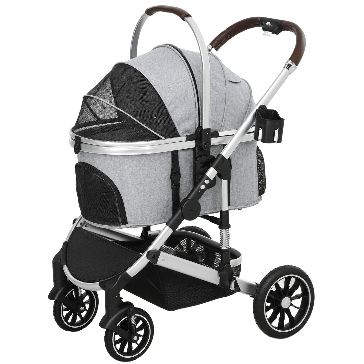 Dog stroller 3 in 1 dog buggy foldable for dogs & cats up to 10 kg cat buggy with cushion cup holder mesh windows doors storage basket cat stroller buggy light gray