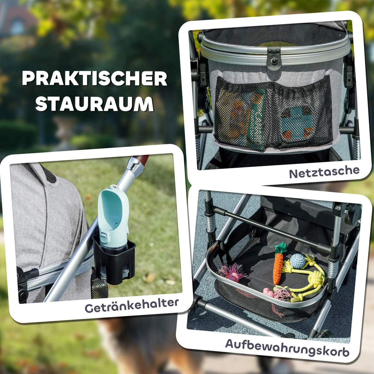 Dog stroller 3 in 1 dog buggy foldable for dogs & cats up to 10 kg cat buggy with cushion cup holder mesh windows doors storage basket cat stroller buggy light gray