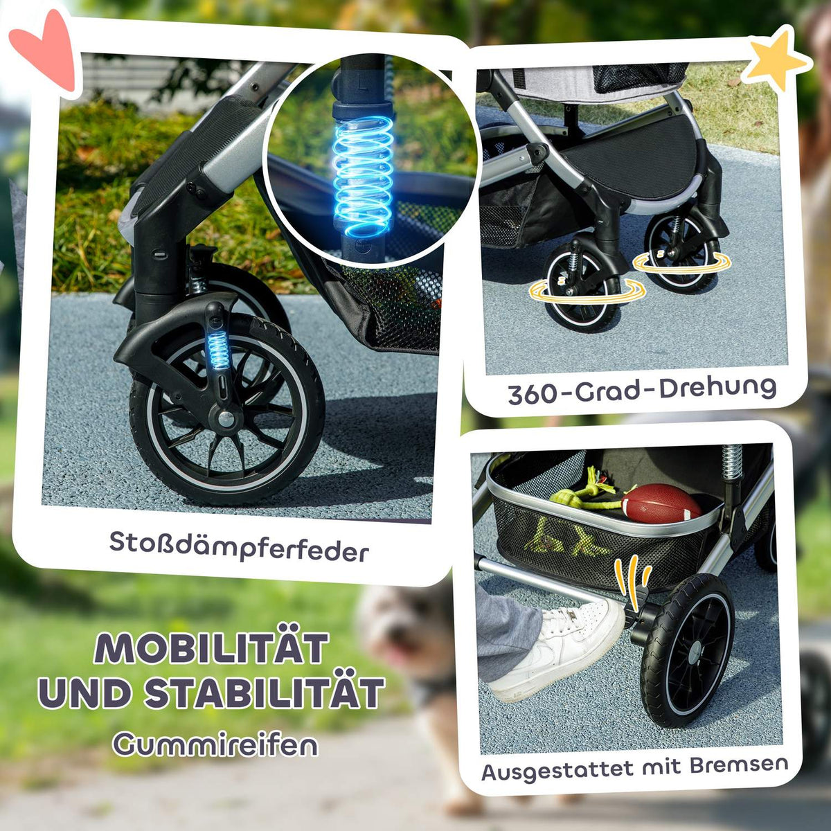 Dog stroller 3 in 1 dog buggy foldable for dogs & cats up to 10 kg cat buggy with cushion cup holder mesh windows doors storage basket cat stroller buggy light gray