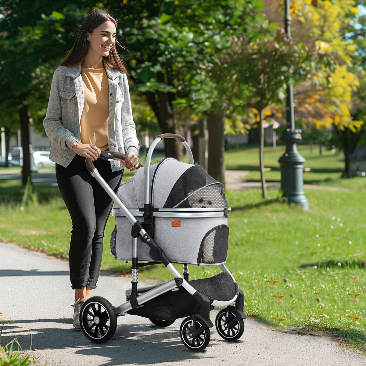 Dog stroller 3 in 1 dog buggy foldable for dogs & cats up to 10 kg cat buggy with cushion cup holder mesh windows doors storage basket cat stroller buggy light gray