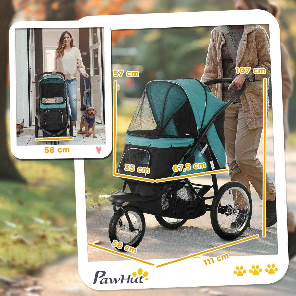 Dog stroller dog buggy foldable for dogs and cats up to 20 kg cat buggy with all-terrain rubber wheels cushions mesh windows doors cat stroller with storage basket buggy dark green