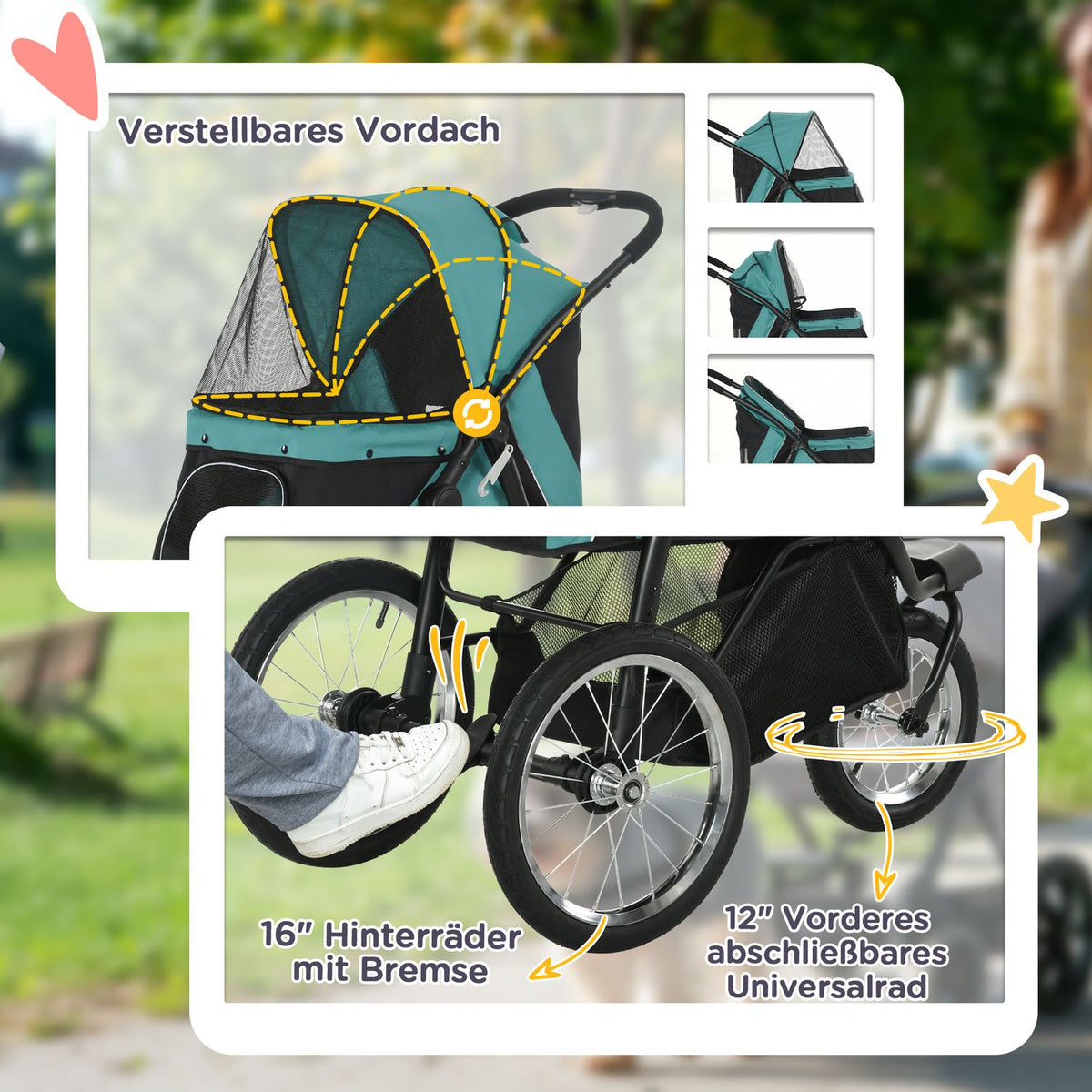 Dog stroller dog buggy foldable for dogs and cats up to 20 kg cat buggy with all-terrain rubber wheels cushions mesh windows doors cat stroller with storage basket buggy dark green