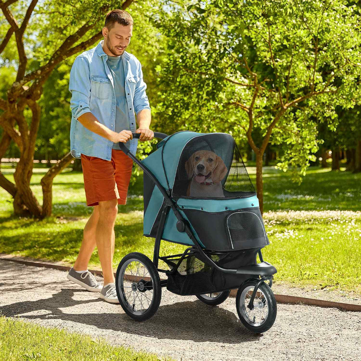 Dog stroller dog buggy foldable for dogs and cats up to 20 kg cat buggy with all-terrain rubber wheels cushions mesh windows doors cat stroller with storage basket buggy dark green