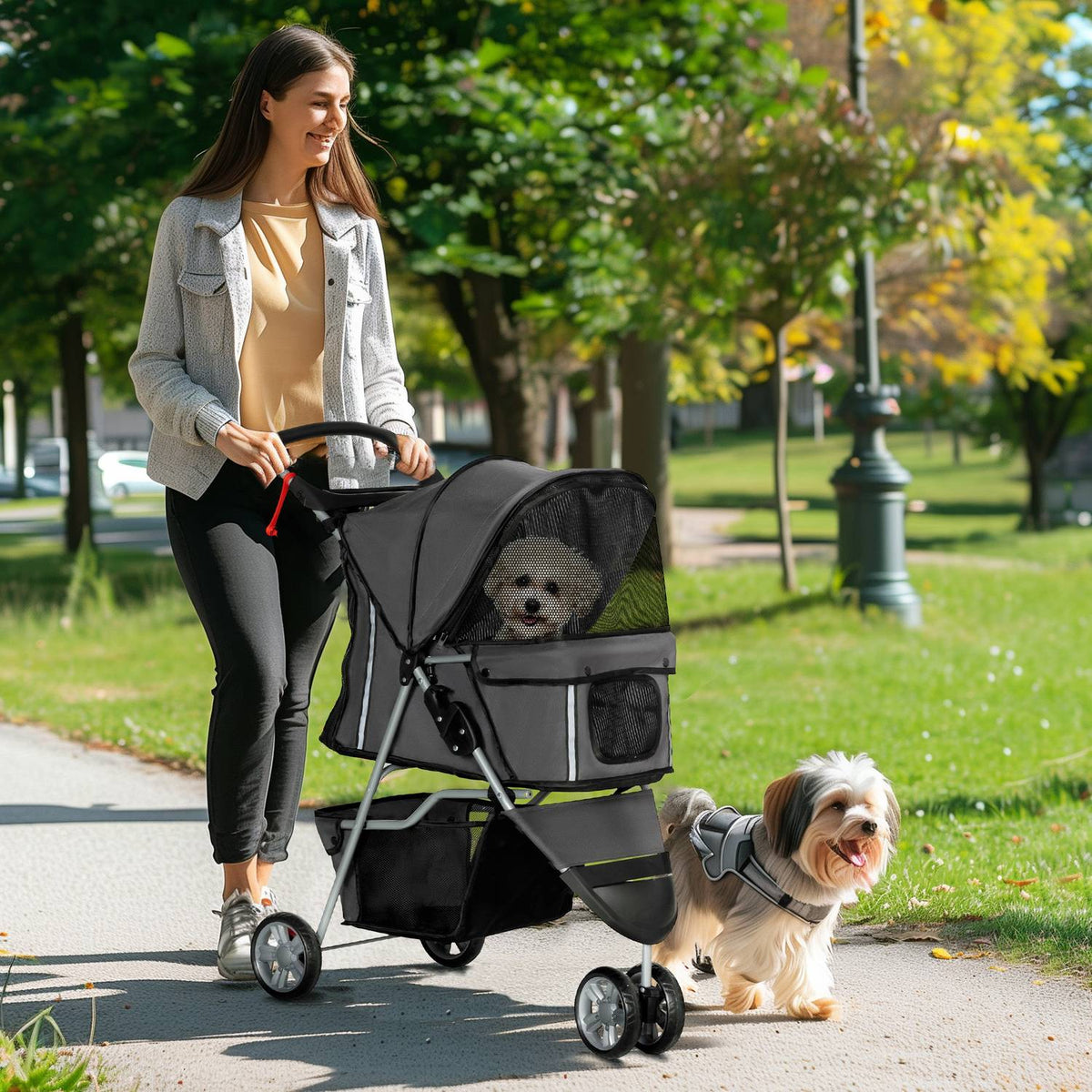 Dog stroller dog buggy foldable for dogs & cats up to 10 kg cat buggy with cushion mesh windows drink holder storage bag cat stroller buggy dark gray |