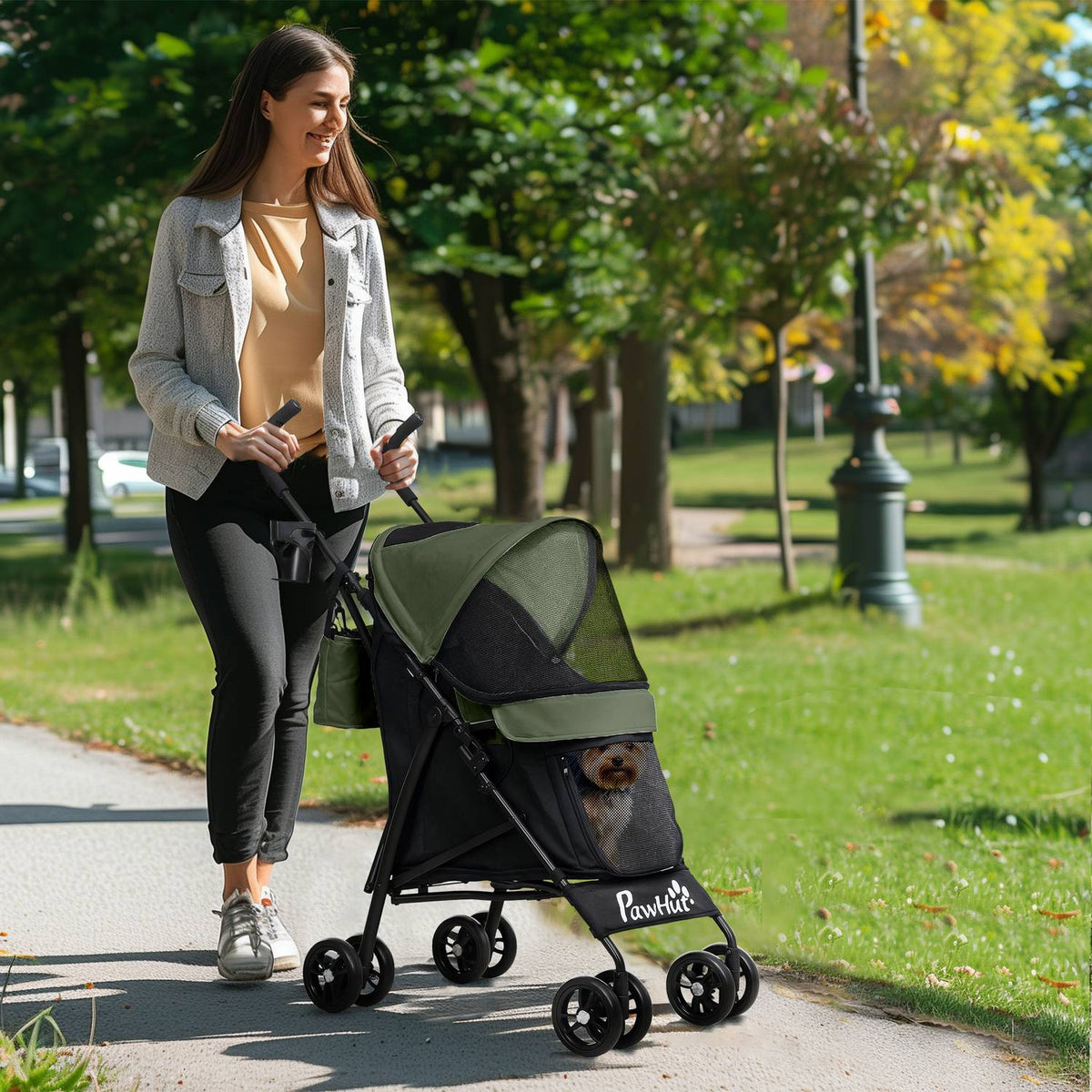 Dog stroller dog buggy foldable for dogs & cats up to 4 kg cat buggy with mesh windows, shoulder strap, storage bag, cup holder umbrella cat stroller dark green