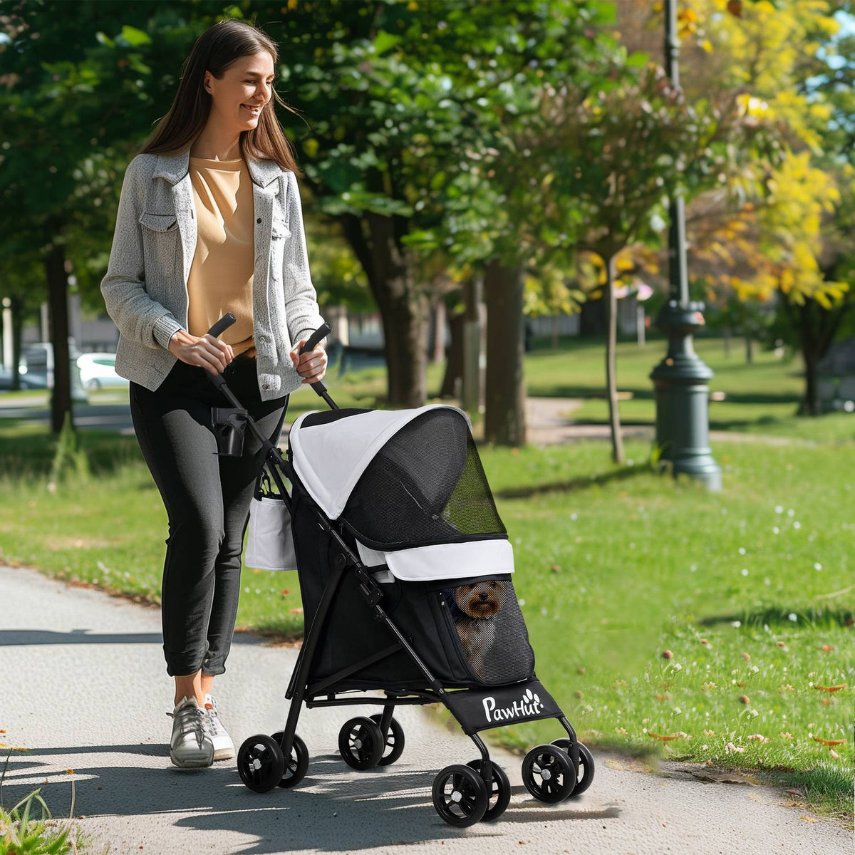 Dog stroller dog buggy foldable for dogs & cats up to 4 kg cat buggy with mesh windows, shoulder strap, storage bag, cup holder umbrella cat stroller light gray