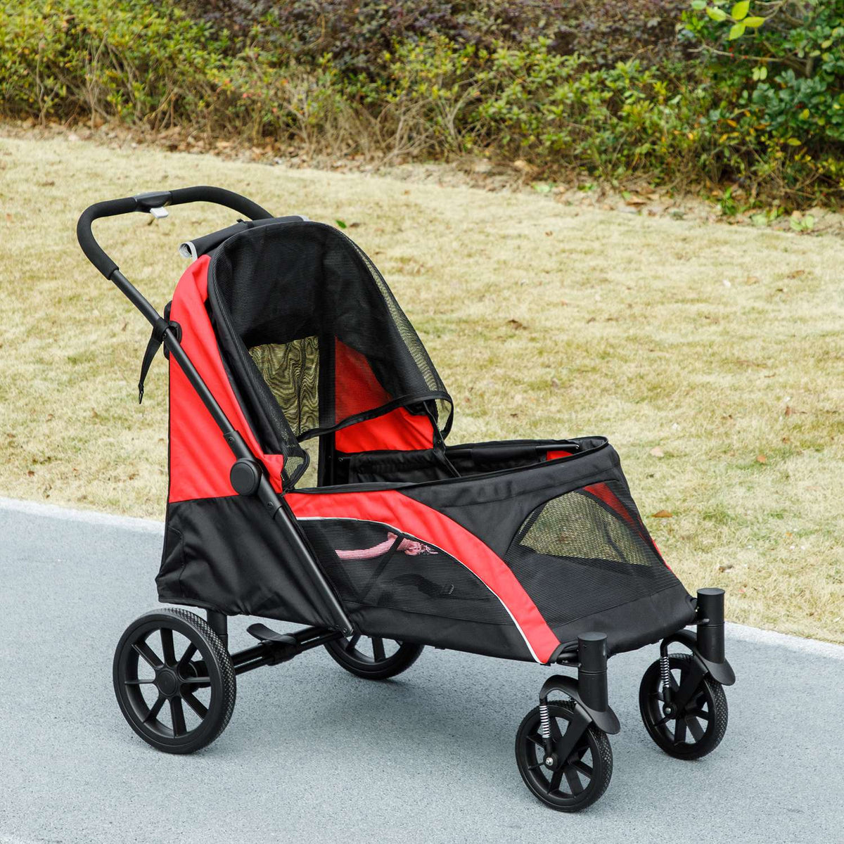 Dog stroller dog buggy foldable for large dogs & cats up to 30 kg cat buggy with cushions mesh windows doors storage bag cat stroller with safety lines, brakes, buggy black