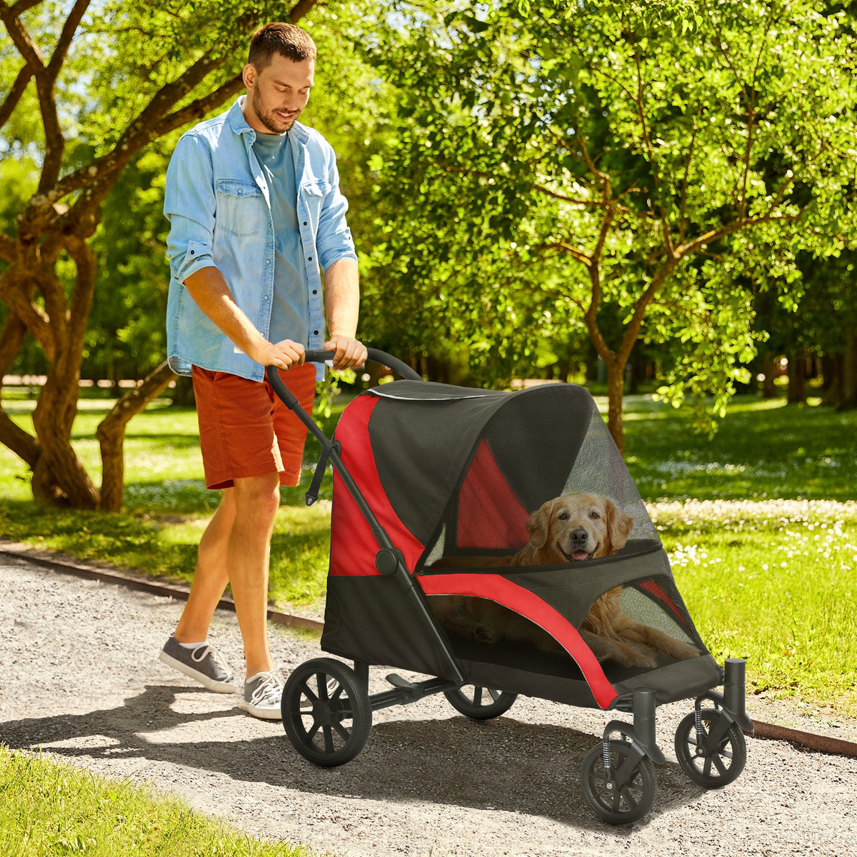 Dog stroller dog buggy foldable for large dogs & cats up to 30 kg cat buggy with cushions mesh windows doors storage bag cat stroller with safety lines, brakes, buggy black