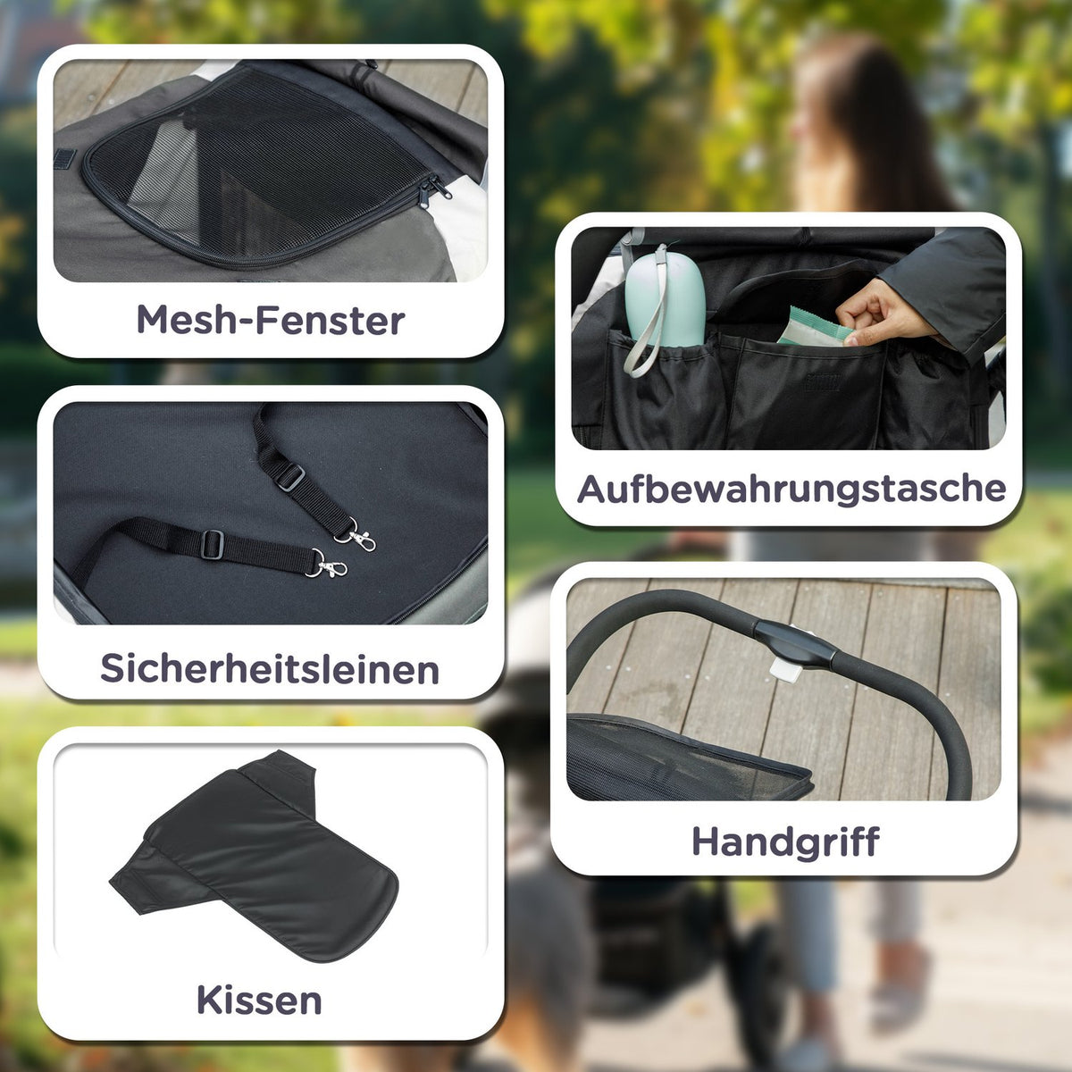 Dog stroller dog buggy foldable for large dogs & cats up to 30 kg cat buggy with cushions mesh windows doors storage bag cat stroller with safety lines, brakes, buggy dark gray