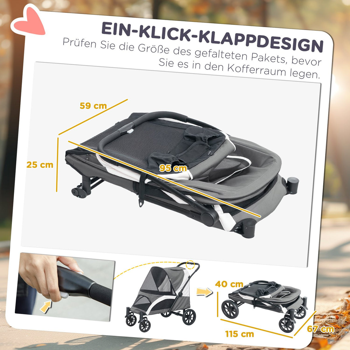 Dog stroller dog buggy foldable for large dogs & cats up to 30 kg cat buggy with cushions mesh windows doors storage bag cat stroller with safety lines, brakes, buggy dark gray