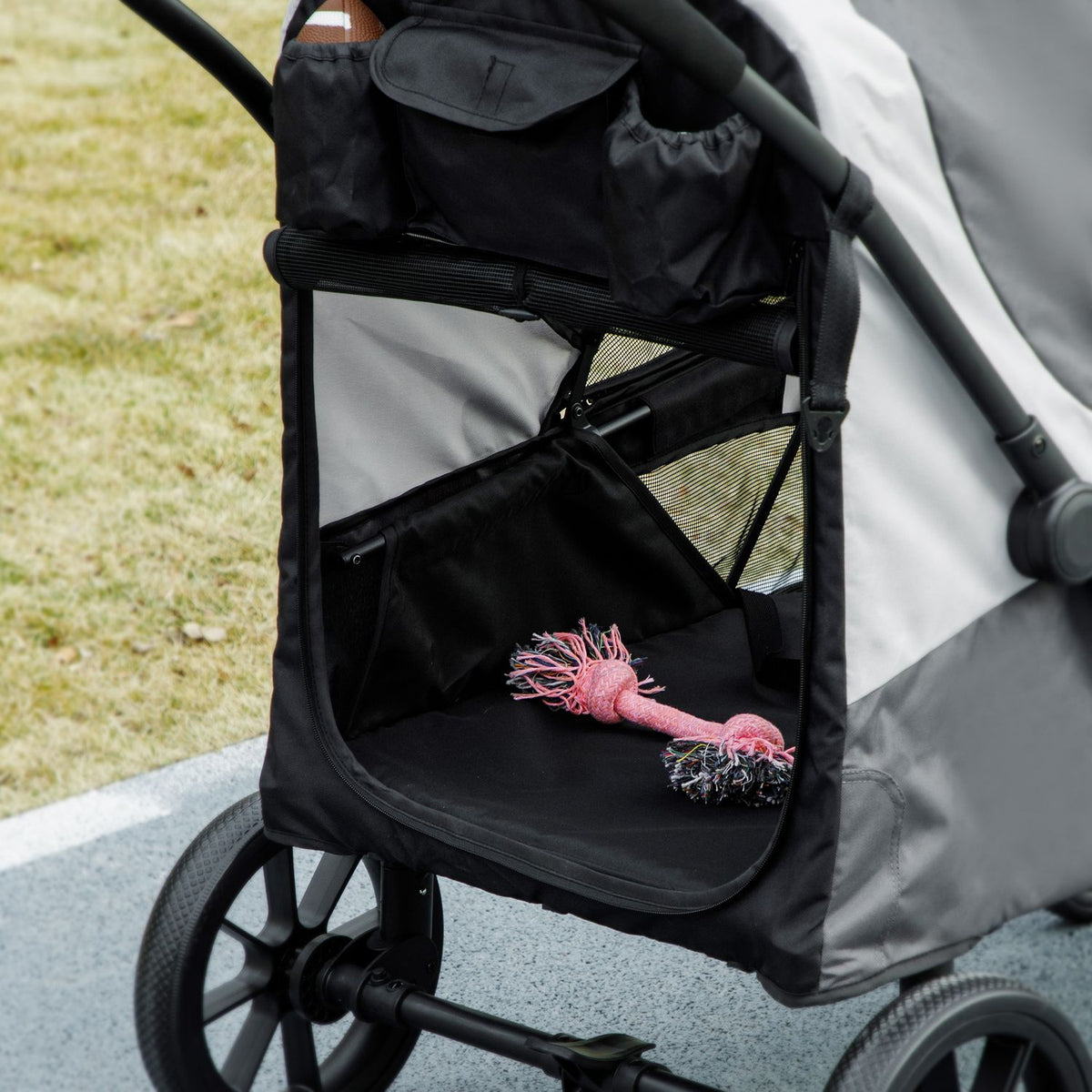 Dog stroller dog buggy foldable for large dogs & cats up to 30 kg cat buggy with cushions mesh windows doors storage bag cat stroller with safety lines, brakes, buggy dark gray