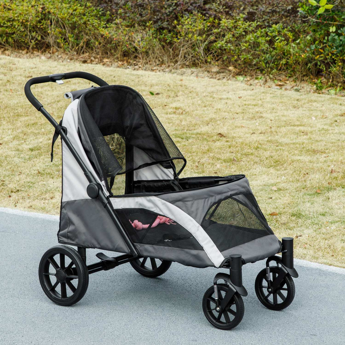 Dog stroller dog buggy foldable for large dogs & cats up to 30 kg cat buggy with cushions mesh windows doors storage bag cat stroller with safety lines, brakes, buggy dark gray