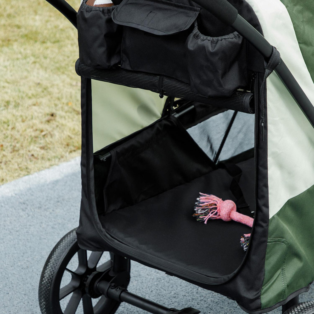 Dog stroller dog buggy foldable for large dogs & cats up to 30 kg cat buggy with cushions mesh windows doors storage bag cat stroller with safety lines, brakes, buggy dark green