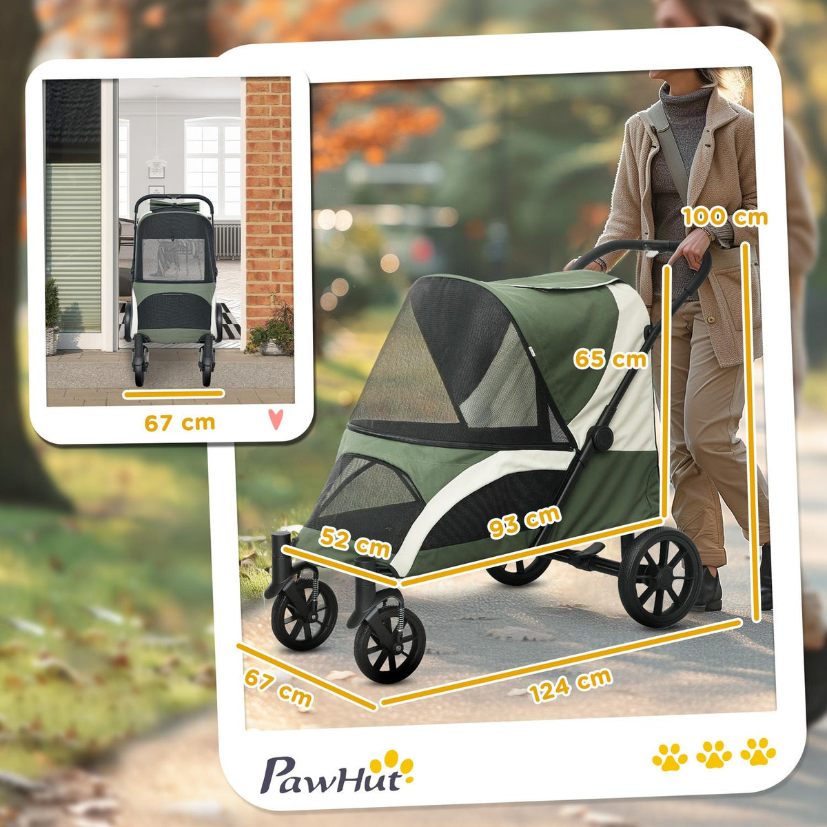Dog stroller dog buggy foldable for large dogs & cats up to 30 kg cat buggy with cushions mesh windows doors storage bag cat stroller with safety lines, brakes, buggy dark green