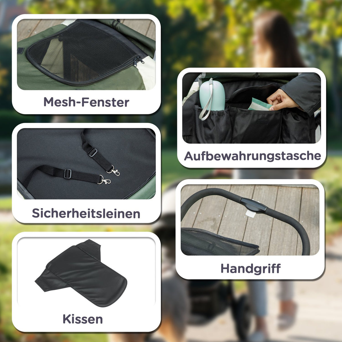 Dog stroller dog buggy foldable for large dogs & cats up to 30 kg cat buggy with cushions mesh windows doors storage bag cat stroller with safety lines, brakes, buggy dark green