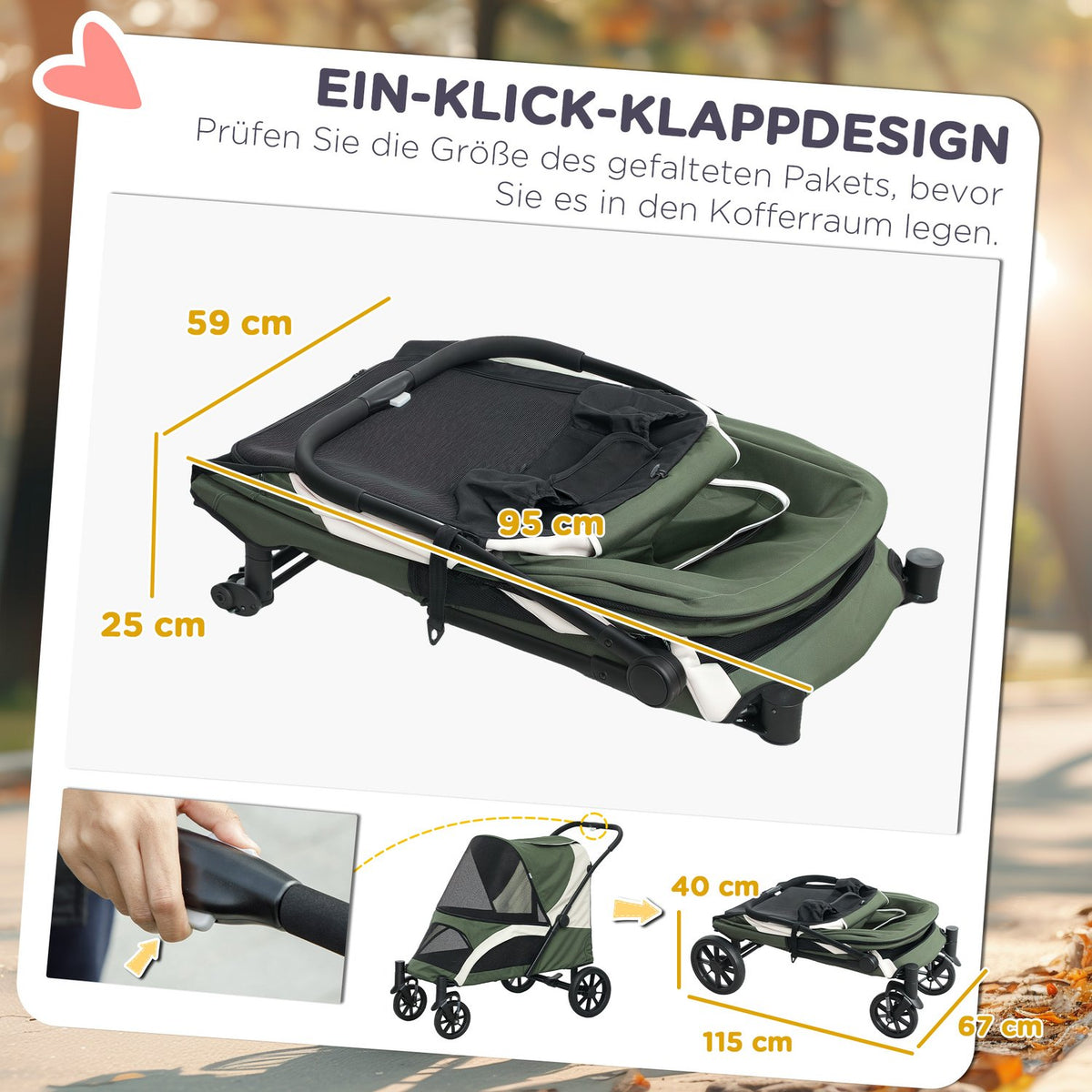 Dog stroller dog buggy foldable for large dogs & cats up to 30 kg cat buggy with cushions mesh windows doors storage bag cat stroller with safety lines, brakes, buggy dark green