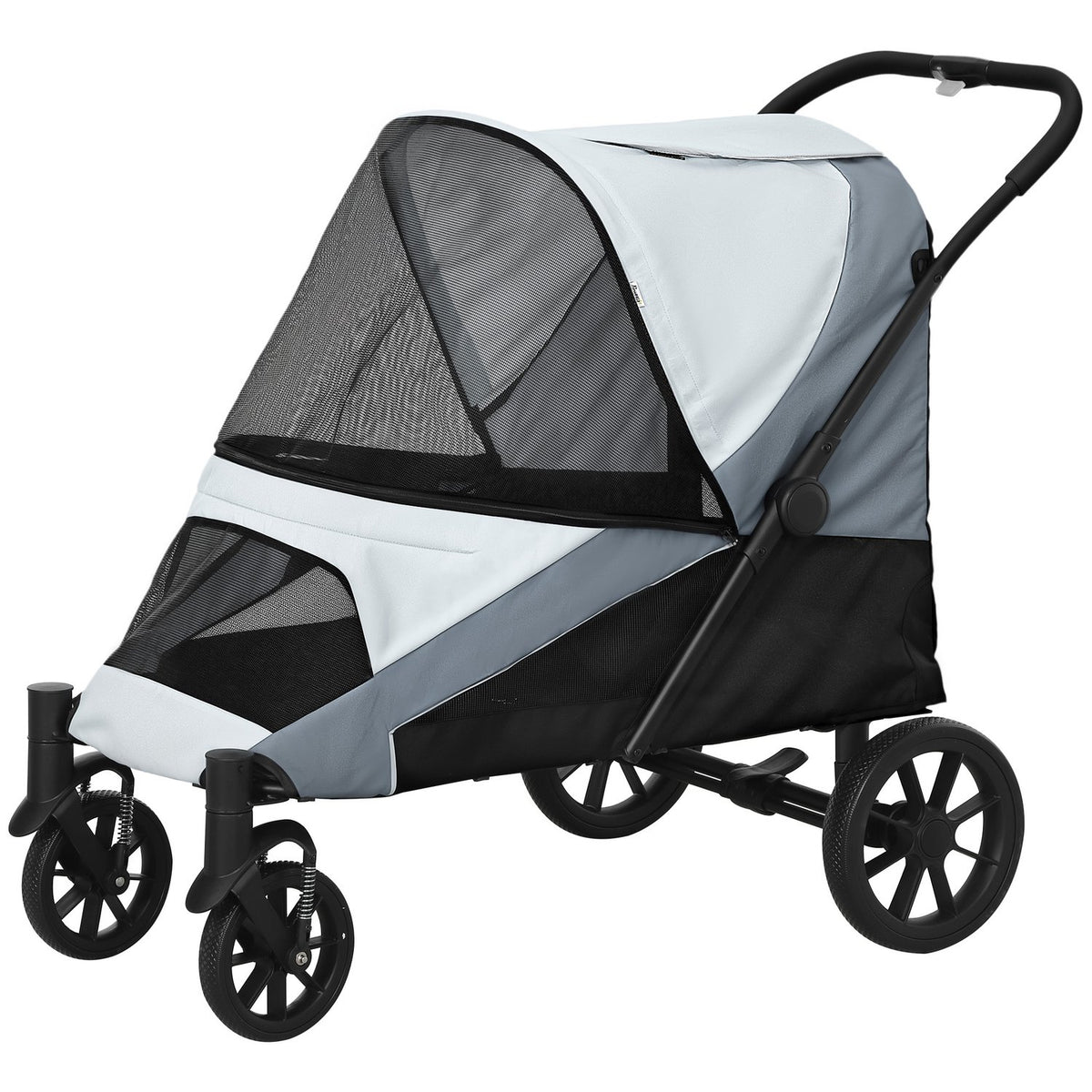 Dog stroller dog buggy foldable for large dogs & cats up to 30 kg cat buggy with cushions mesh windows doors storage bag cat stroller with safety lines, brakes, buggy gray