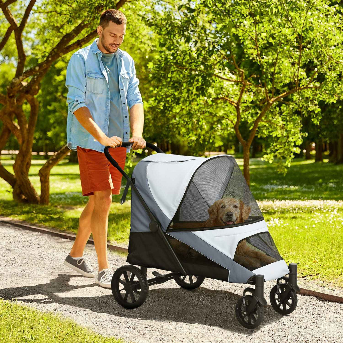 Dog stroller dog buggy foldable for large dogs & cats up to 30 kg cat buggy with cushions mesh windows doors storage bag cat stroller with safety lines, brakes, buggy gray